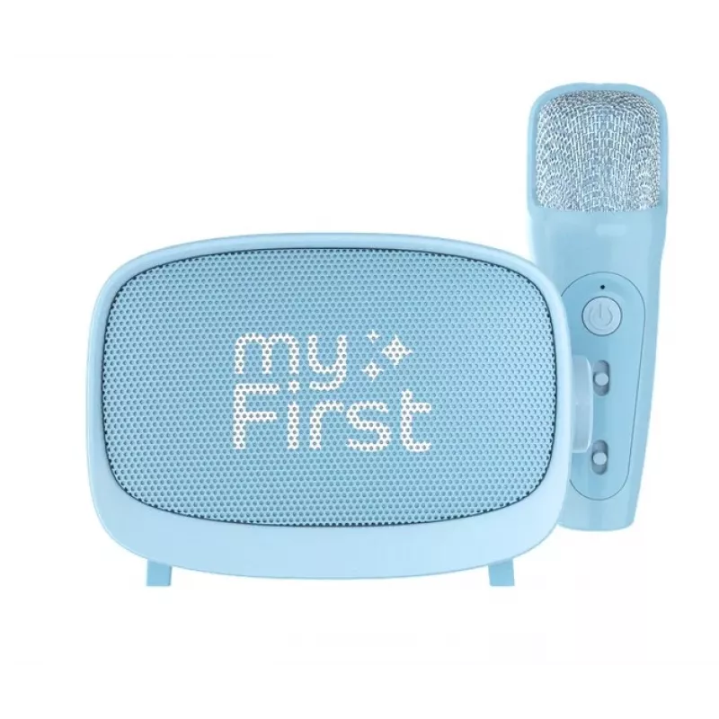 Altifalante portátil para crianças myFirst Voice 2 da myFirst — azul, altifalante sem fios a pilhas com suporte para microfone