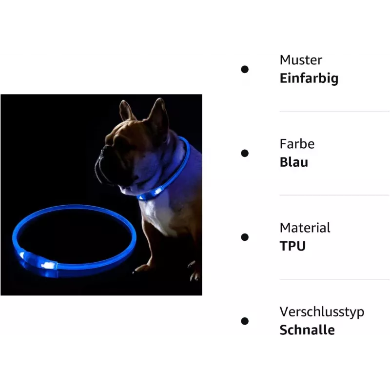 Coleira LED KABB azul para cães e gatos – recarregável, coleira de segurança ajustável com iluminação
