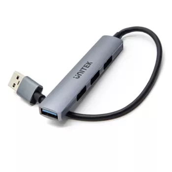 Hub USB Unitek H1208A — 4 portas (1 × USB 3.2 Gen 1 Type-A, 3 × USB 2.0), caixa em alumínio, cinzento, cabo de 0,20 m