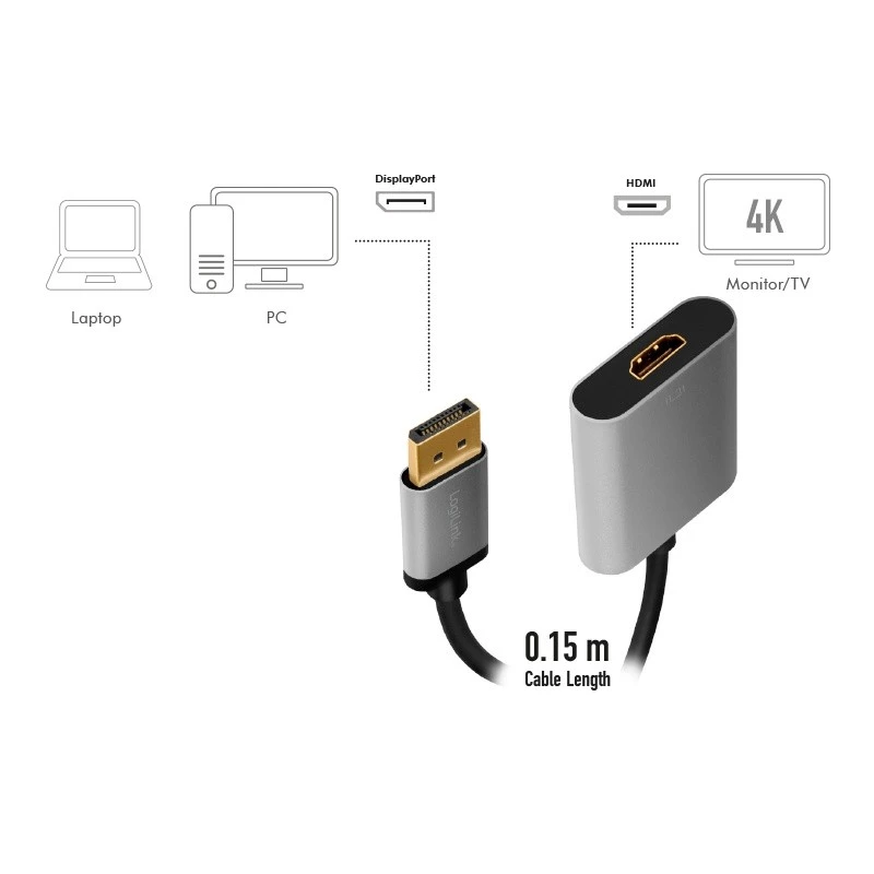 Adaptador de cabo de vídeo LogiLink CDA0108 0,15 m DisplayPort HDMI preto cinzento