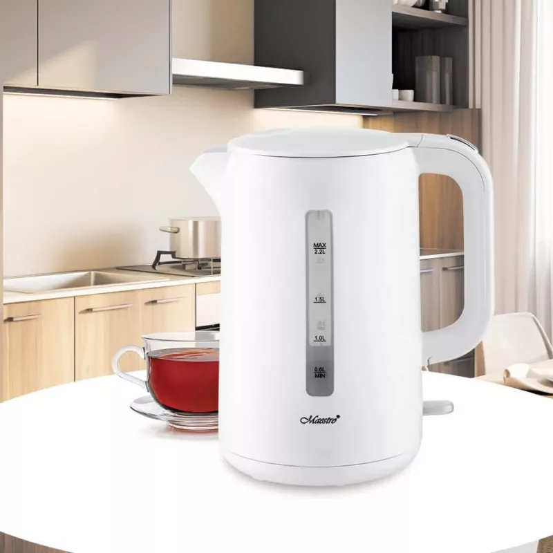 Chaleira elétrica Maestro MR-022-WHITE, 2,2 L, 1850–2200 W, caixa em plástico, base 360°, filtro anticalcário, indicador de nível de água
