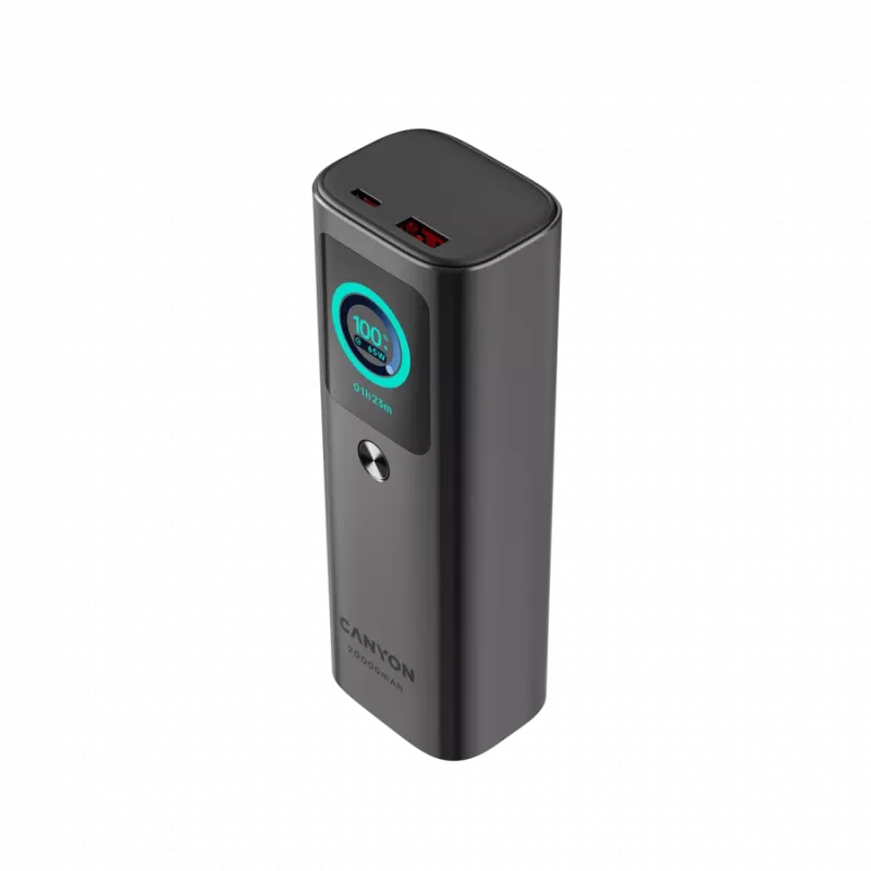Powerbank CANYON OnPower 265 com cabo integrado, 20000mAh, 165W, alumínio, cinzento-escuro