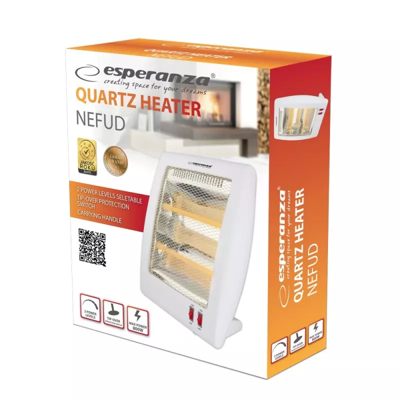 Aquecedor elétrico de quartzo ESPERANZA EHH010 400W/800W, branco, cabo de 1,2 m, botões, termostato ajustável