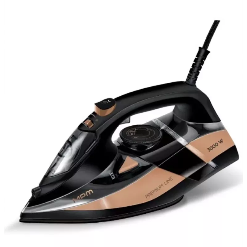 MPM MZE-24/C ferro de engomar a vapor, 3000 W, base de cerâmica, depósito de 0,3 l, jato de vapor de 190 g/min, preto/dourado