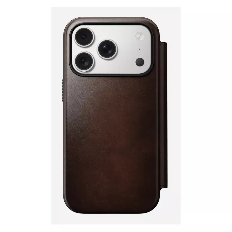 Capa para telemóvel Nomad Modern Leather Folio para iPhone 17 Pro, pele/alumínio, 16 cm (6,3 polegadas) castanha, 4 compartimentos para cartões