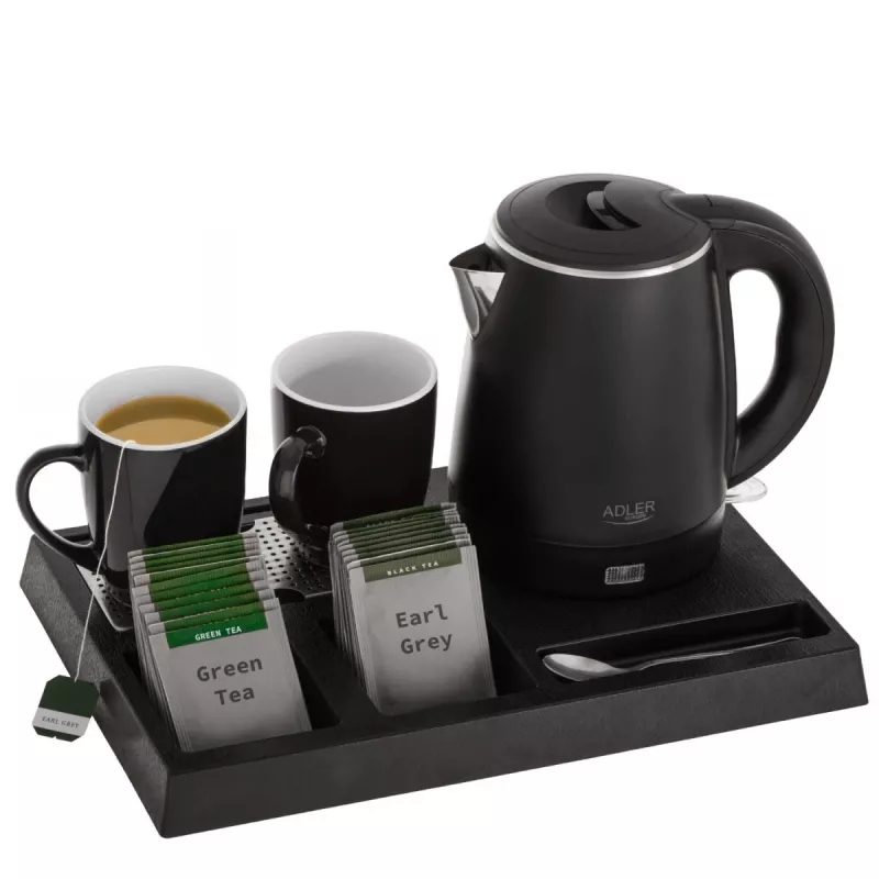 Adler AD 1387 chaleira elétrica de hotel com tabuleiro e chávenas, 1 l, aço inoxidável