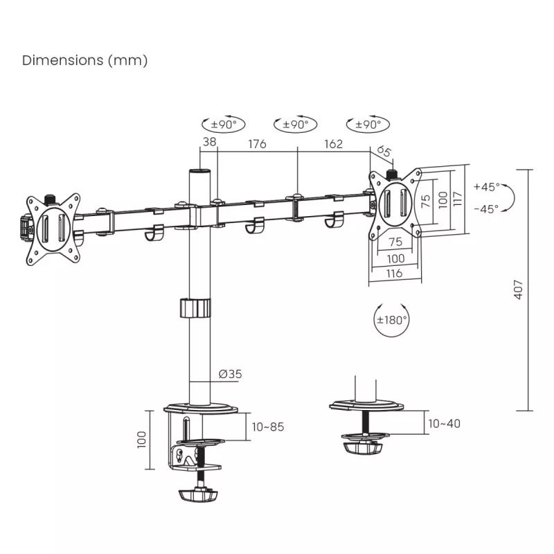 Suporte de mesa Maclean para 2 monitores, VESA 75x75 e 100x100, 17-32, 2x 9kg, MC-754N