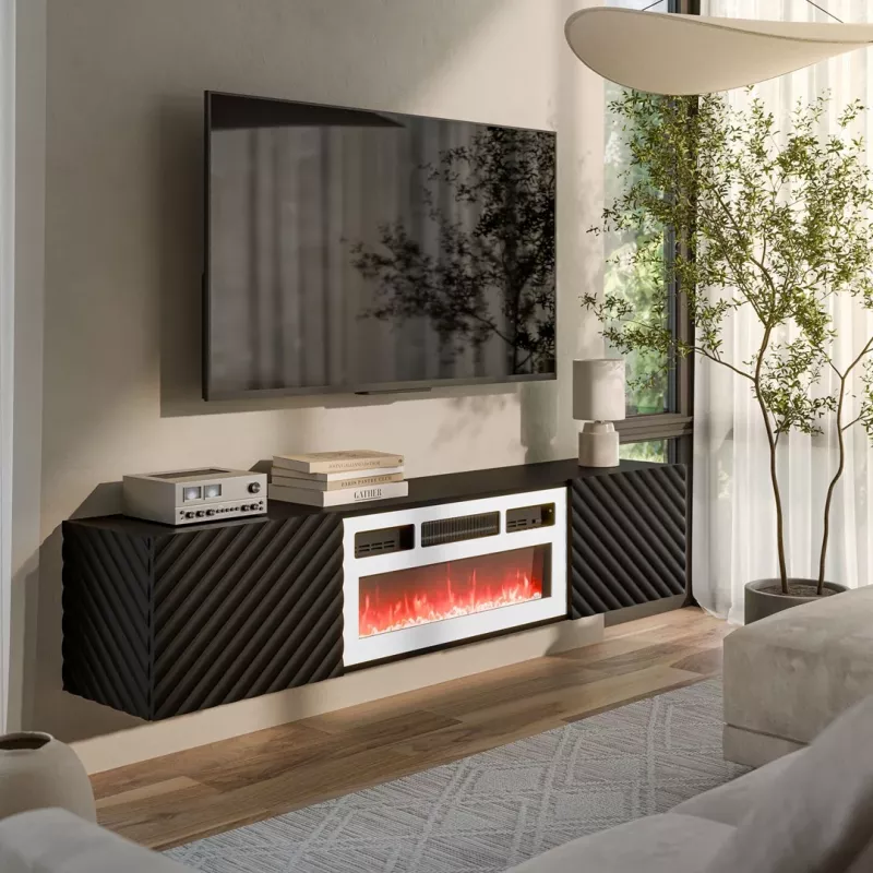 Móvel de TV Cama RTV LARA 183x35x37 preto mate + lareira branca