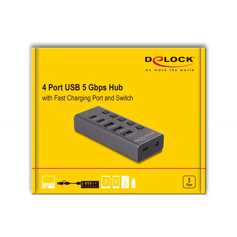 Hub USB Delock 64248 5 Gbit/s 2 x Type-A 2 x Type-C 1 porta de carregamento rápido
