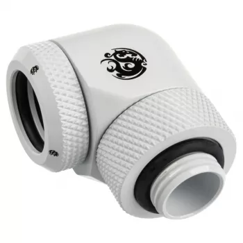 Adaptador 90° G1/4 rosca macho para tubo rígido de 14 mm, rotativo — BitsPower BP-DWE90RML14, branco