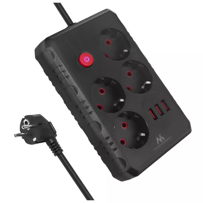Extensão elétrica MACLEAN MCE393 B — 4 tomadas, 3×USB, 110–240 V, 2500 W, cabo de 3 m, preto