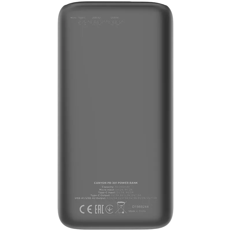 Powerbank Canyon PB-301 30000 mAh PD/QC/ecrã preto retalho
