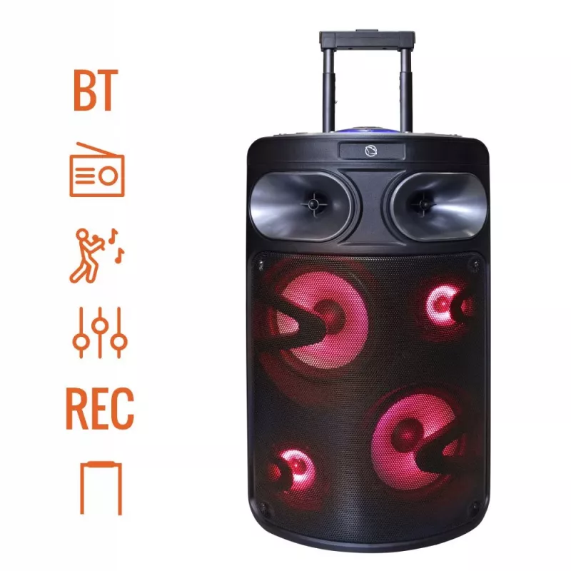 Altifalante de karaoke Bluetooth portátil MANTA SPK0803B140 140W, a pilhas, MIC/USB/microSD, FM, equalizador, rodas