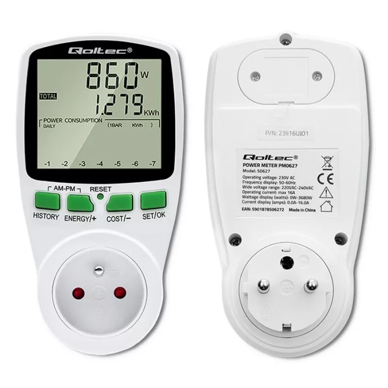 Medidor de potência QOLTEC PM0627 3680W com histórico — QOLTEC PM0627 3680W