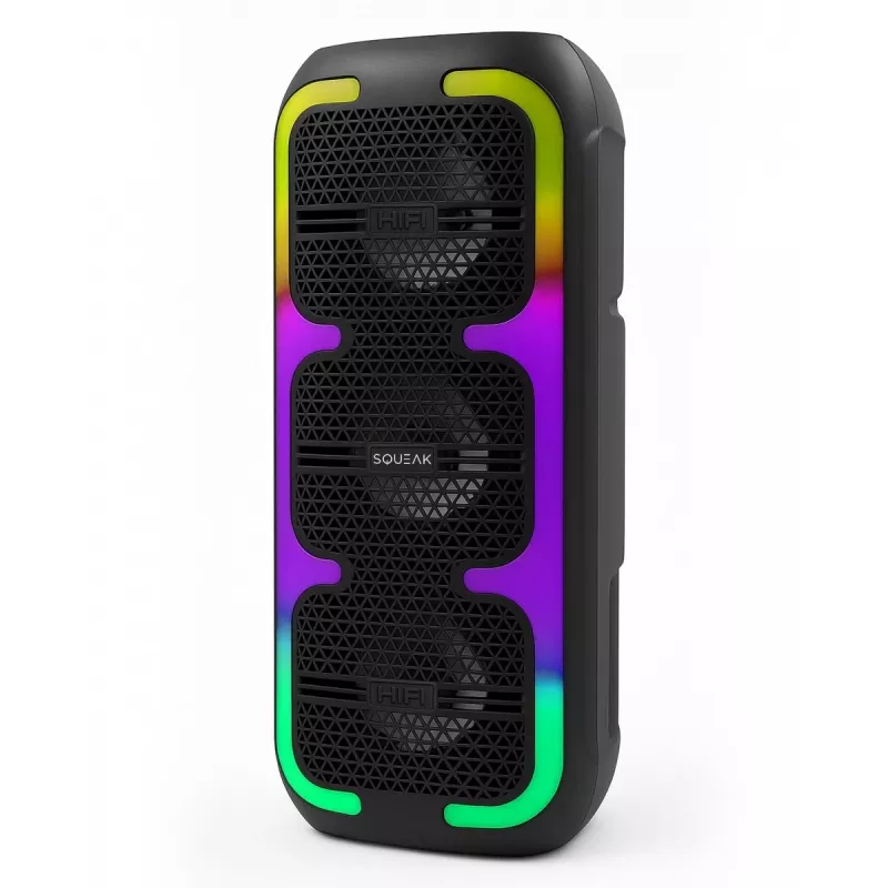 Altifalante estéreo portátil SQUEAK SQ1009 – Bluetooth 5.3, 45 W RMS, 10 h de autonomia, FM, USB, AUX, LED, 1800 mAh, preto