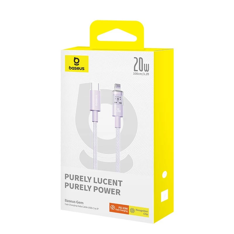 Cabo de carregamento rápido USB-C para Lightning Baseus Gem 1 m 20 W violeta, revestimento em nylon, Lightning de 7 pinos