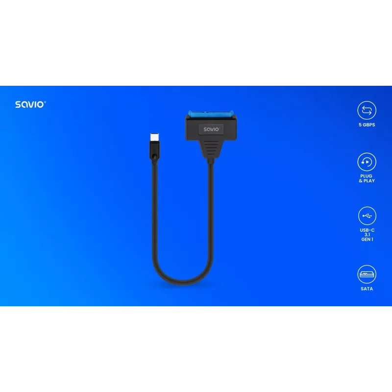 Cabo de interface SATA para USB-C SAVIO AK-69, conector fêmea SATA para conector macho USB-C, USB 3.2 Gen 1 (5 Gbit/s), 0,25 m, preto