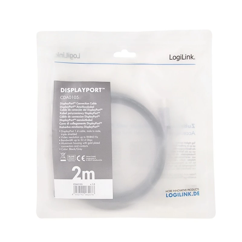 Cabo DisplayPort LogiLink CDA0105 2 m preto cinzento