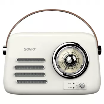Rádio portátil SAVIO RS-02 — sintonizador FM analógico, Bluetooth 5.3, alimentação USB, 3 W, branco