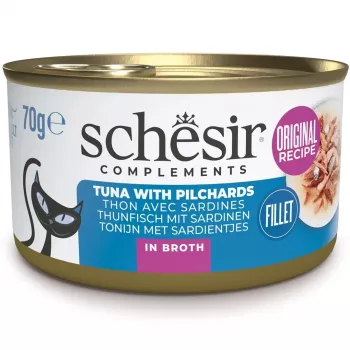 SCHESIR em caldo de cozedura Atum com sardinhas - Alimento húmido para gatos - 70 g