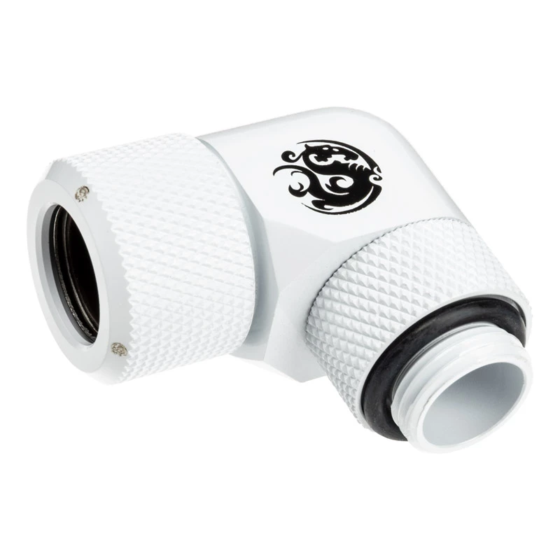 Conector BitsPower BP-DWE90RMLA12 — conector em latão de 90°, branco, Ø 12 mm