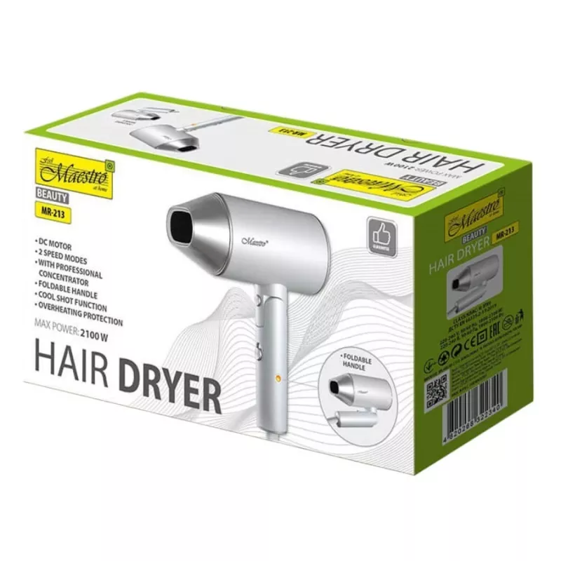 Secador de cabelo Maestro MR-213 2100W com cabo dobrável, 2 velocidades, função ar frio, concentrador de parede dupla, prateado