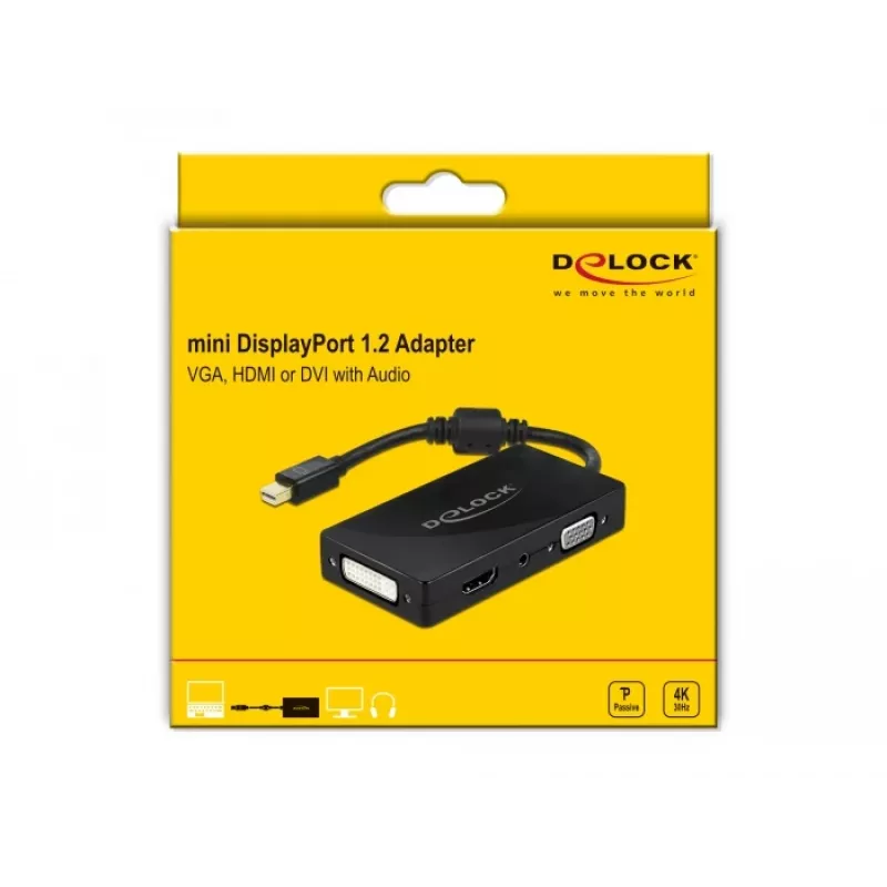 DeLOCK Mini DisplayPort 1.2 para VGA HDMI DVI Áudio 4K passivo preto