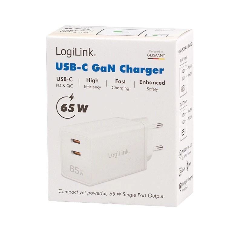 Adaptador de tomada USB duplo 65W, 2xUSB-C, branco