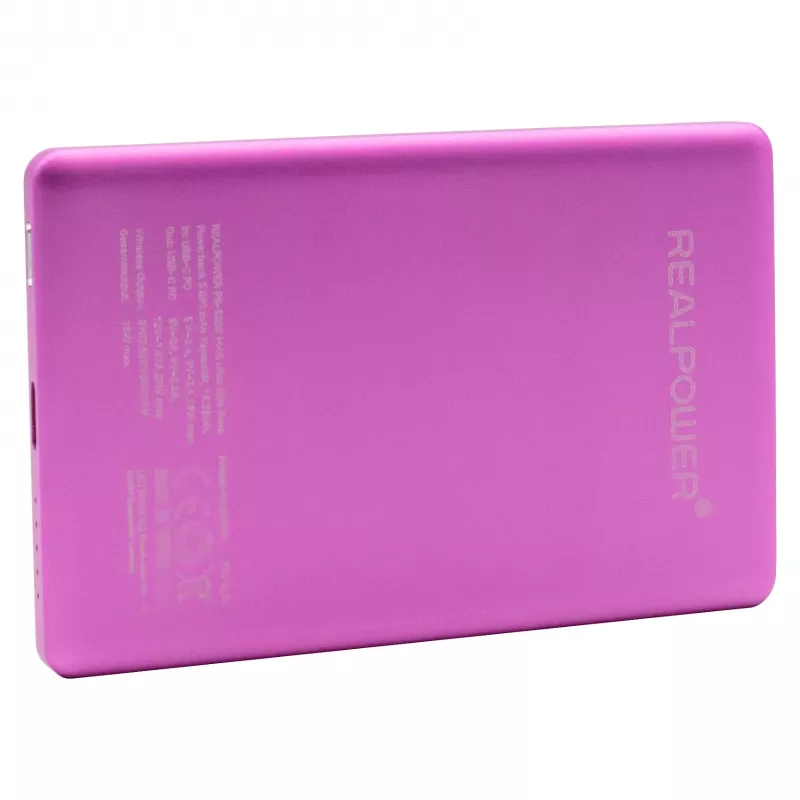 RealPower PB-5000 MAG Ultra Slim power bank 5000 mAh, MagSafe, carregamento sem fios, USB-C, 20 W, rosa