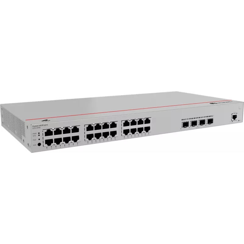 Switch HUAWEI S220-24P4X — 24 x Gigabit (10/100/1000) RJ-45, 4 x SFP+, PoE, 1U cinzento