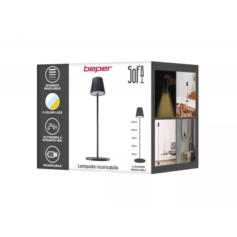 Beper P201UTP401 candeeiro de sofá recarregável, controlo tátil, altura ajustável, 2,3 W, preto