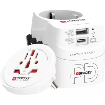 Adaptador de viagem SKROSS 1.302474 para tomadas UE/FR/EUA/UK/AU, 100–250 V AC, 7 A, USB 45 W