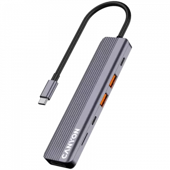 Hub USB Type-C CANYON DS-17 — HDMI, USB 3.2 Gen 1 A, USB-C, MicroSD, 10000 Mbit/s, cinzento