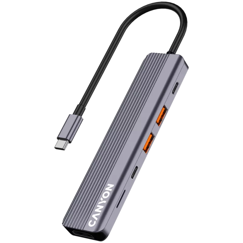 Hub USB Type-C CANYON DS-17 — HDMI, USB 3.2 Gen 1 A, USB-C, MicroSD, 10000 Mbit/s, cinzento