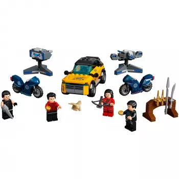 Conjunto LEGO Marvel Fuga dos Dez Anéis 76176 com minifiguras e veículos