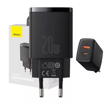 Carregador rápido USB de interior Baseus CCXJ-B01 – 2 portas (USB-C PD 20W + USB-A QC3.0 18W), 100–240 V, preto