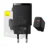 Carregador rápido USB de interior Baseus CCXJ-B01 – 2 portas (USB-C PD 20W + USB-A QC3.0 18W), 100–240 V, preto