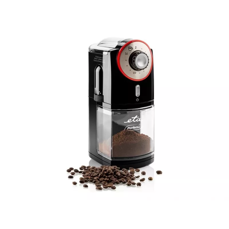 Moinho de café ETA Perfetto ETA006890000 — motor 100 W, depósito de grãos 200 g, até 14 chávenas, interruptor de segurança da tampa, preto