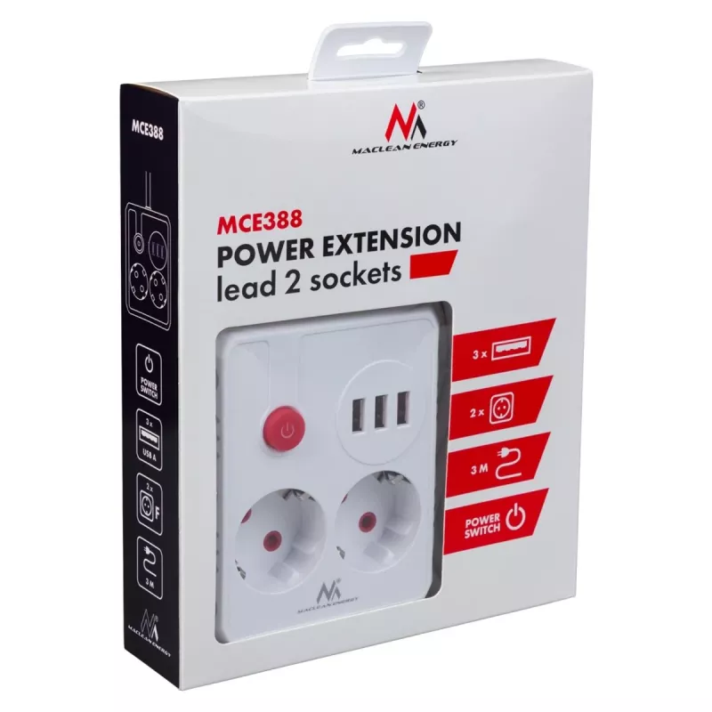 Extensão elétrica MACLEAN MCE388 W – 2 tomadas, 3×USB, 110–240V, 2500W, cabo de 3 m, branco