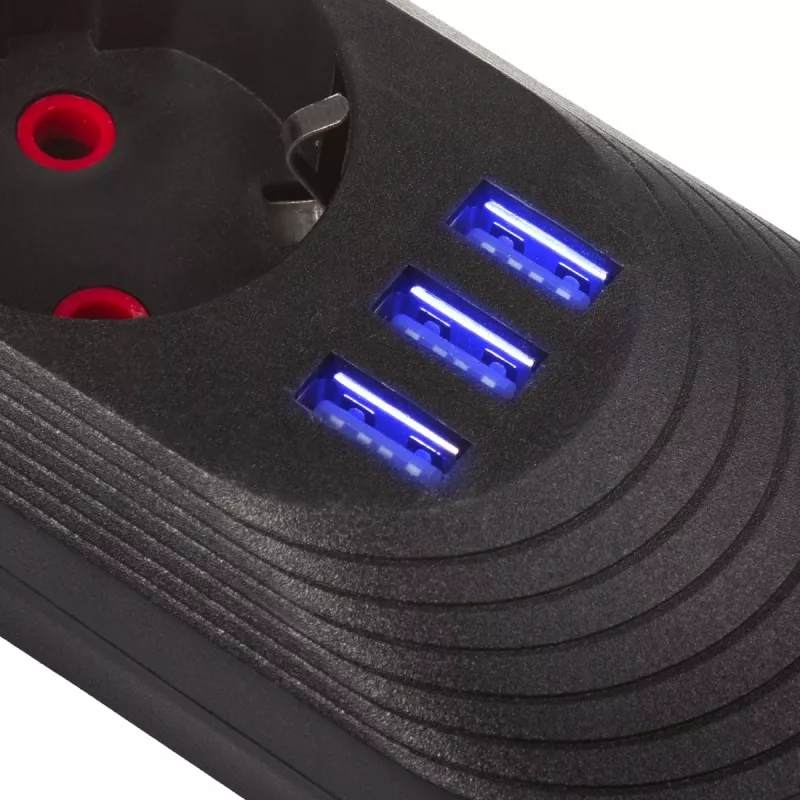 Extensão elétrica MACLEAN MCE395 B — 5 tomadas, 3×USB, 110–240V AC, 2,1A USB, 2500W, cabo de 1,5 m, preto