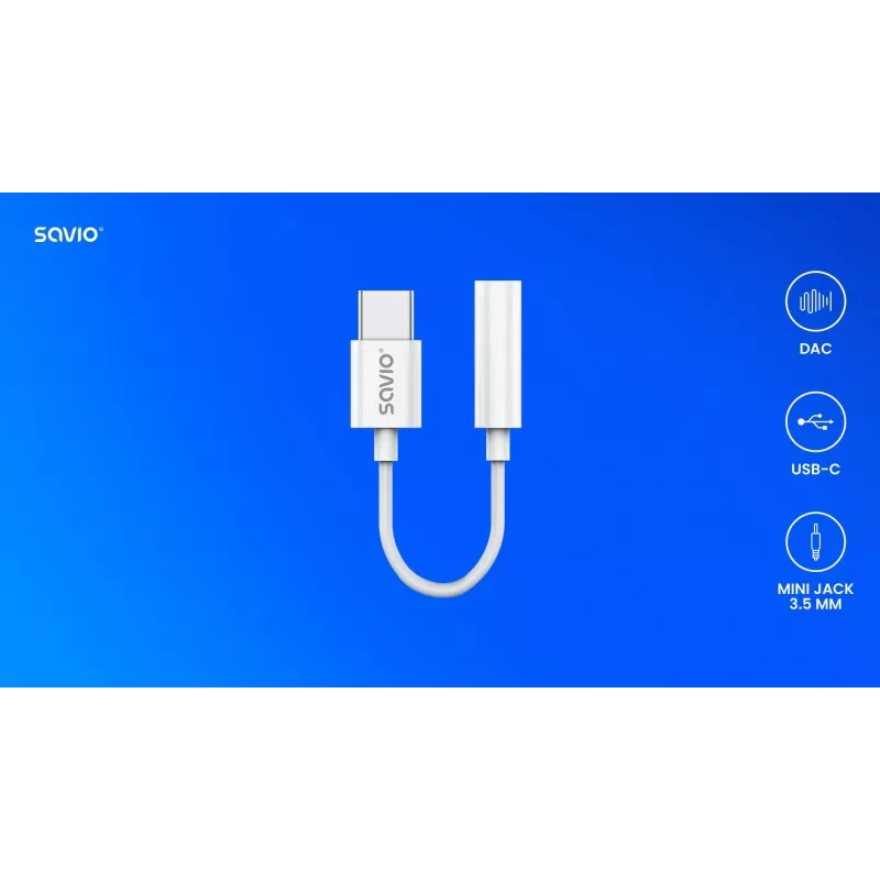 Adaptador de áudio USB Type 3.1 C (M) – Jack 3,5mm (F) branco SAVIO AK-52