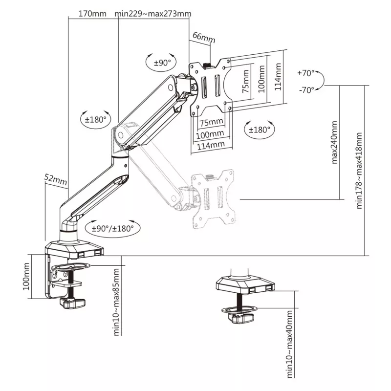 Suporte de secretária universal para monitor Ergo Office, mola a gás 17-35 15kg, VESA 75x75 / 100x100, ER-445