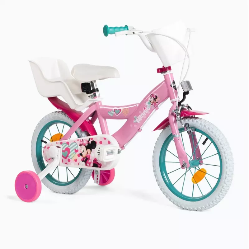 Bicicleta infantil HUFFY 24951W Minnie, rodas de 14 polegadas, quadro em aço, pneus pneumáticos, travões de aro dianteiro/traseiro, rodas de apoio