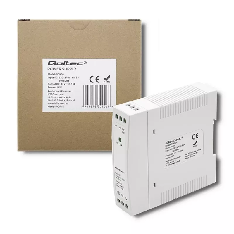 Fonte de alimentação para calha DIN 10W, 12V, 0,83A, slim