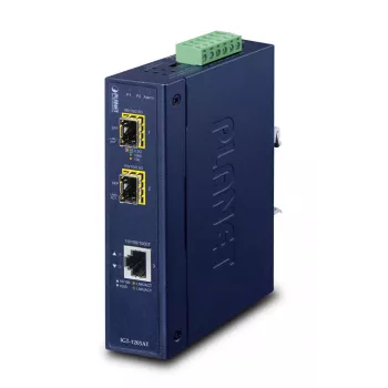Conversor de meios de rede PLANET IGT-1205AT — Gigabit SFP 2 fibras, 1x RJ-45, 10/100/1000 Mbit/s, 12–48V, calha DIN, IP30