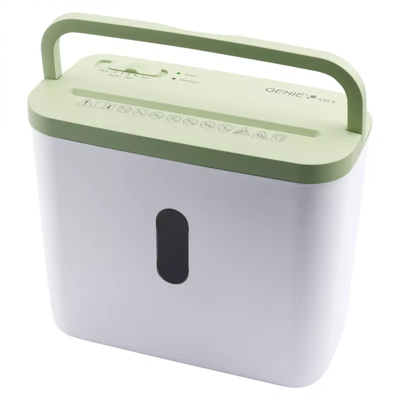 Destruidora de documentos Genie 440 X GR — Corte cruzado 4 x 38 mm, cesto de recolha de 8 L, 300 W, Verde/Branco