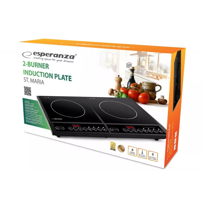 Esperanza EKH008 placa de cozinha, preto, bancada, placa de indução por zonas, 2 zonas