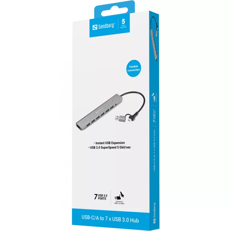 Hub USB SANDBERG 136-66 — 7 portas USB 3.0, externo com alimentação
