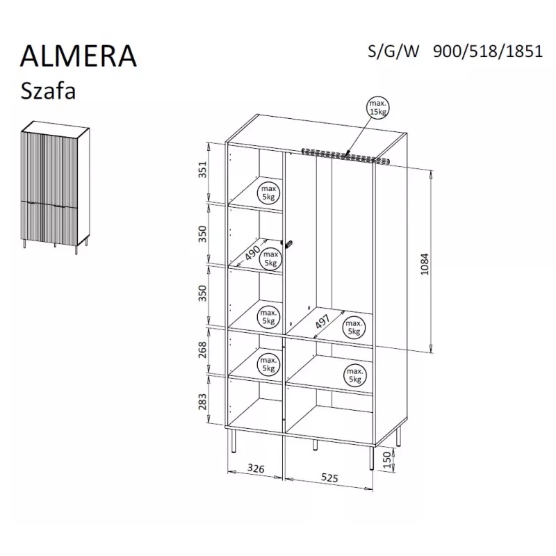 Guarda-roupa Cama Meble ALMERA Cama 5 90x52x185 cm, moldura nogueira, portas cashmere, 6 prateleiras