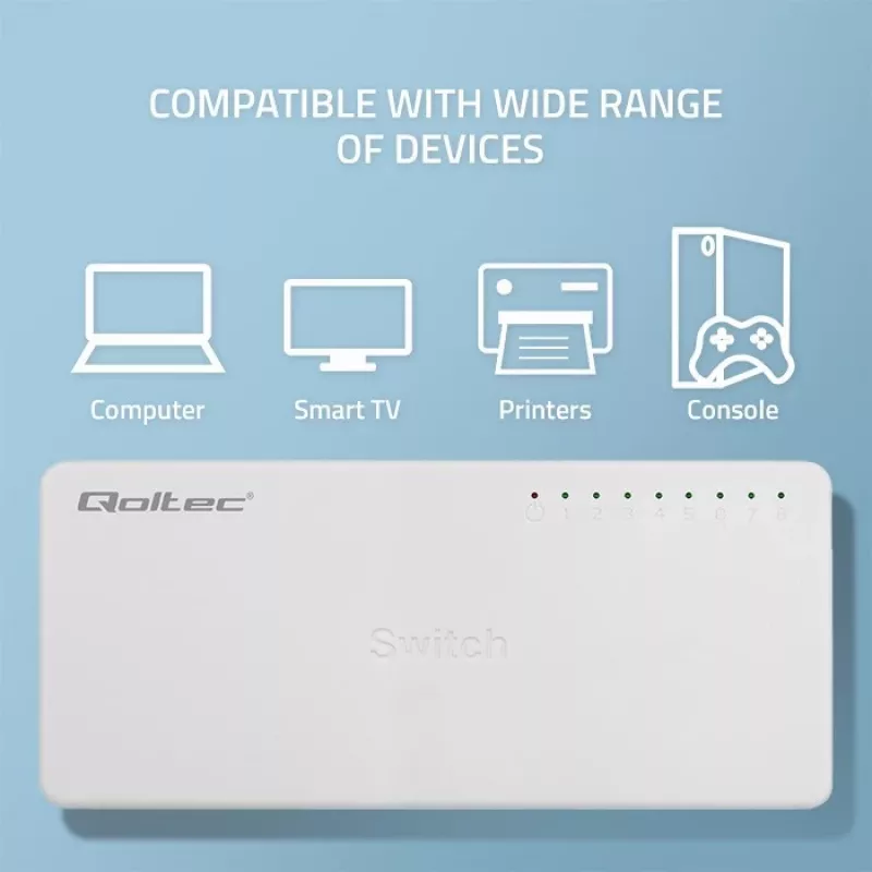 Switch de rede Qoltec 8x portas RJ45 1000Mbps LAN